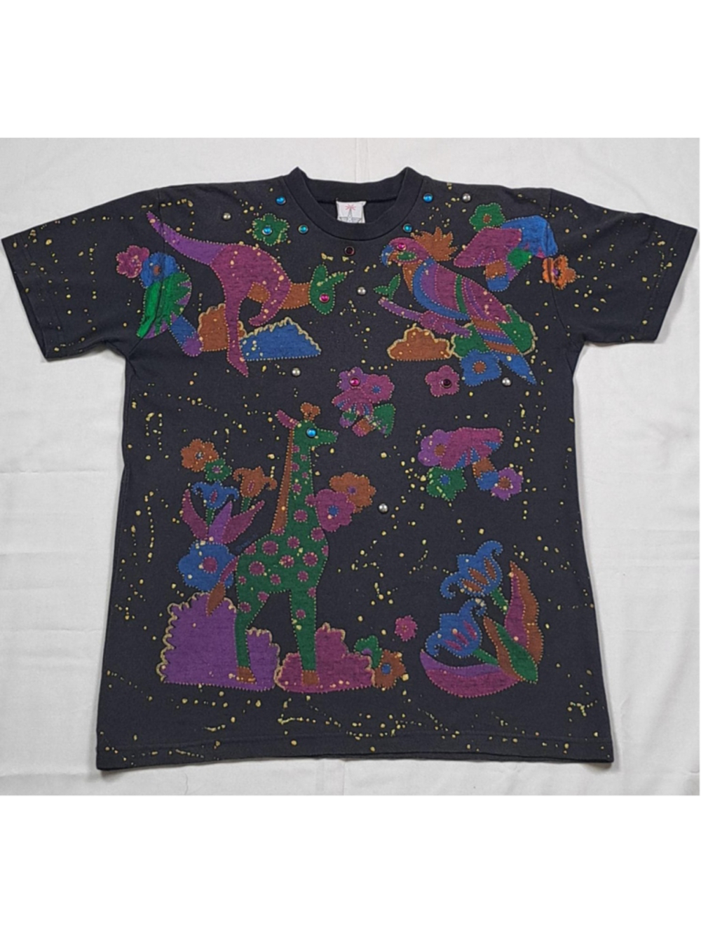 90s KWBL Los Angeles Wearable Art T Shirt Hand Painted Style Gem Embellished